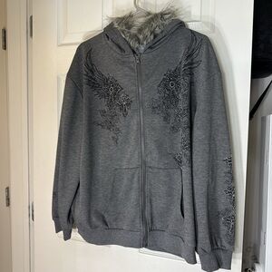 ROMWE Charcoal Hoodie with Detachable Fur Trim on the Hood